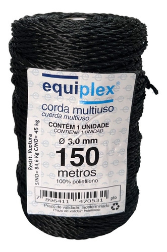 Corda Torcida Preta Equiplex® Multiuso 3mm 150 Metros 