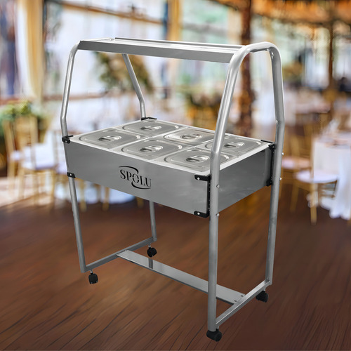 Carrinho Buffet Quente Balcão Térmico 6 Cubas Gastronômicas Cor Prateado