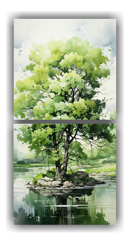 160x80cm Cuadro Abstracto Acuarela Diseño Árbol Verde Blan