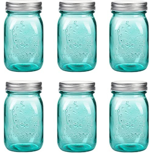 16 Oz Teal Mason Jars With Lids?regular Mouth Canning J...