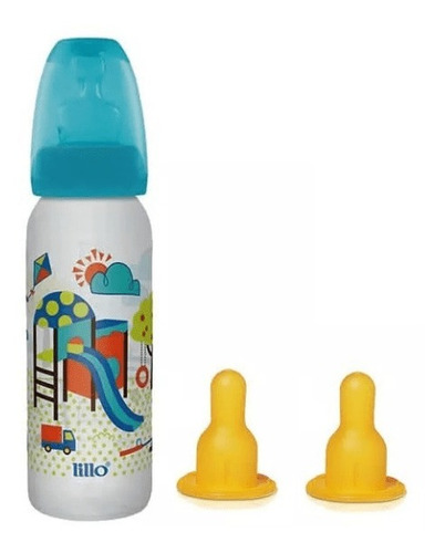 Kit  Mamadeira Lillo Divertida Azul 240ml + 2 Bicos Latex