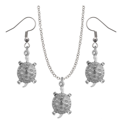 Kit Collar Y Aretes Animales Acuáticos Dije Cadena Acero Plateado Tortuga Terrestre