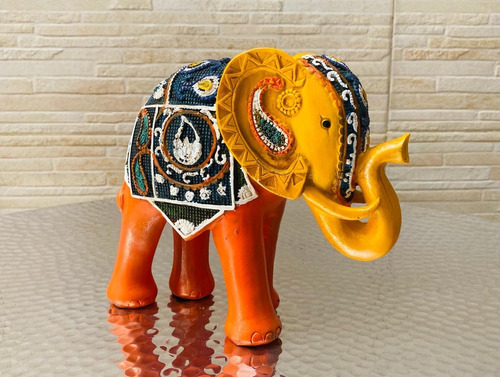 Elefante Madera Importado India 18 Cm Manto Pintado C Diseño