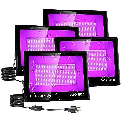 Paquete De 4 Luces Negras De 200w Led Cable De 10 Pies,...