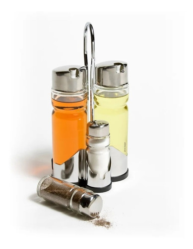 Imagen 2 de 4 de Set X4 Salero Pimentero Aceitero Vinagrero Base Acero Inox.