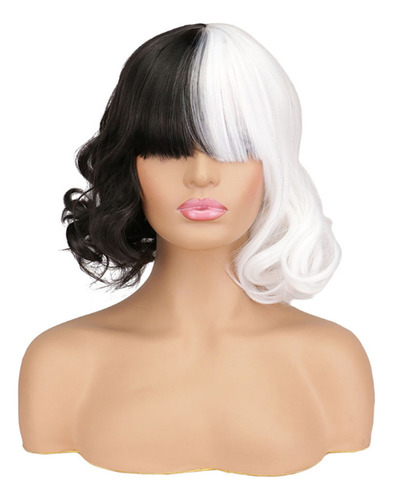 Peluca Corta Ondulada En Blanco Y Negro For Halloween Y Cos