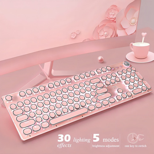 Teclado Y Mouse Tipo Máquina De Escribir Rosa, Retro, Vintage Para Juegos Con Retroiluminación Led Blanca, 104 Teclas Anti-ghosting Redondas, Interruptor Azul Con Cable, Para Escritorio O Laptop