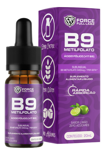 Vitamina B9 Metilfolato Ácido Fólico Sublingual Liquido Em Gotas 20ml Sabor Limão - Force Full Labz