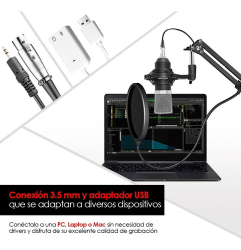 Micrófono Condensador Profesional Aux 3.5mm Antipop Redlemon