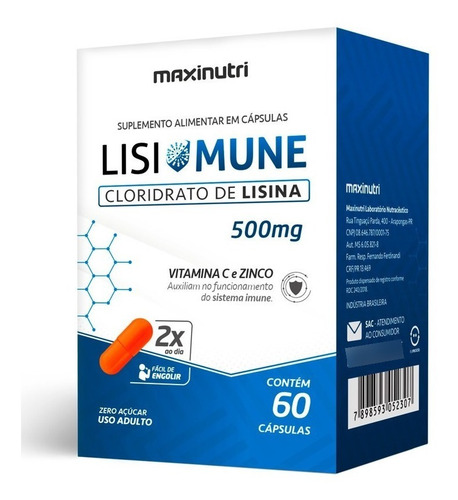 Imagem 1 de 2 de Lisimune Cloridrato De Lisina + Vitamina C Zinco 500mg 60cps
