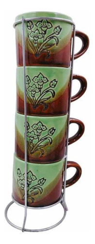 Set 4 Tazas Mugs Café De Flores Verde En Torre Rack Apilable