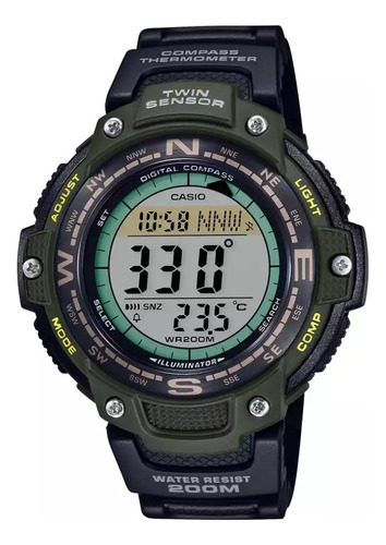Reloj Casio Illuminator Sgw-100-3av E-watch Correa Negro Bisel Verde Oscuro Fondo Gris