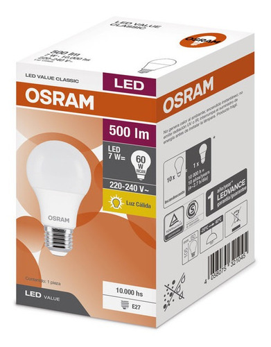 Imagen 1 de 8 de Pack X 10 Lámpara Led Osram 7w Luz Calida E27