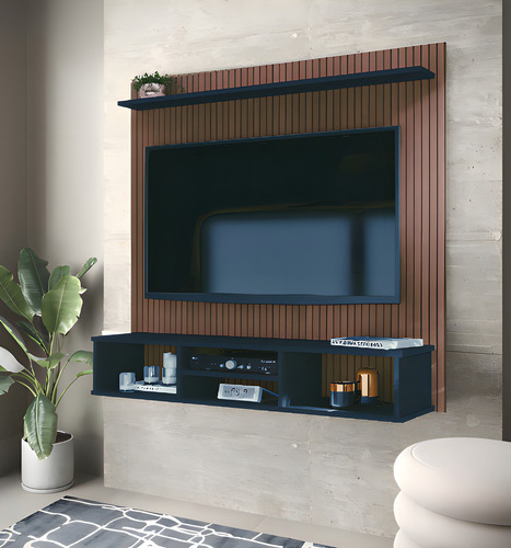 Home Painel Simples Tv Sala 50 Pol Ripado Com Nicho Ripado / Preto