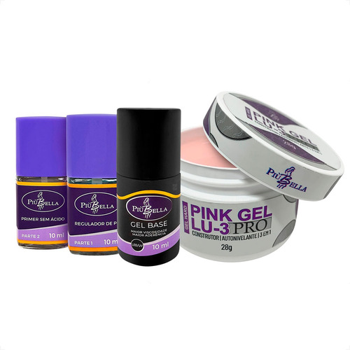 Kit Unhas De Gel Piu Bella Pink Gel Lu3 Preparador Gel Base