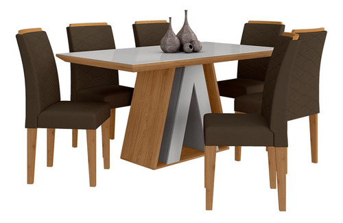 Mesa de comedor con 6 sillas de cristal suizo cinam/off/marro, M.A Color Cinnamomo/blanco/marrón 04