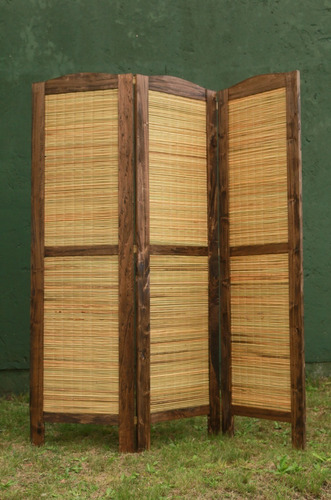 Imagen 2 de 5 de Biombo De Madera Y Junco Reforzado Pintado X 4 Hojas