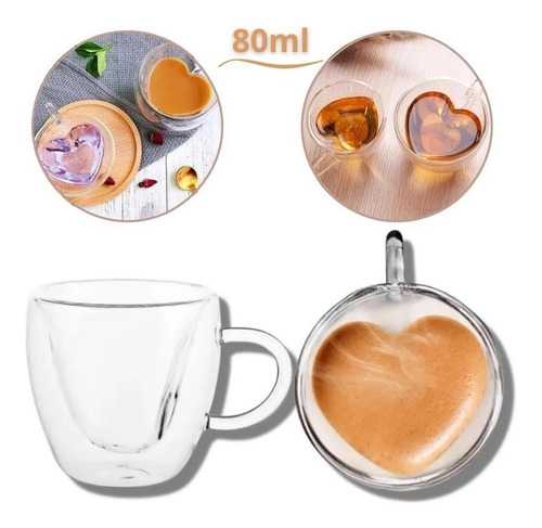 Imagem 2 de 5 de Conjunto 02 Xícaras Coração Café Dupla Parede De Vidro 80ml