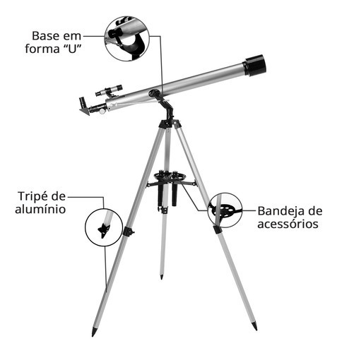 Telescópio Refrator Prateado 60mm Com Tripé Ajustável Luneta
