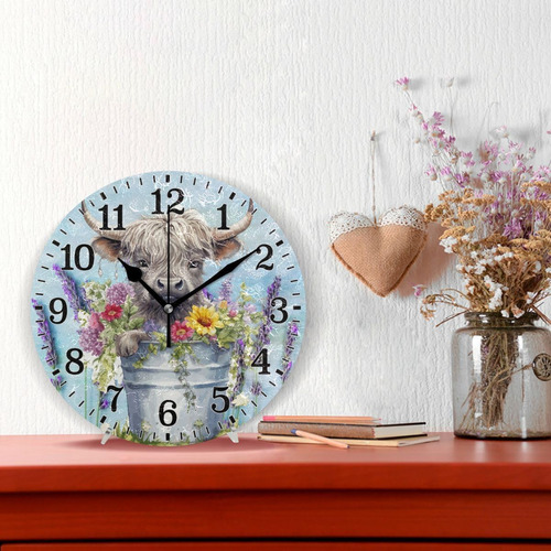 Reloj Lindo De Vaca De Las Tierras Altas Con Girasoles Reloj