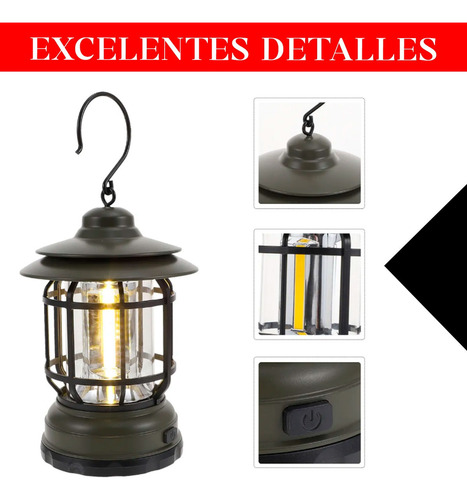 Lampara Farol Portátil Luz Led Jardin Patio 360 Recargable Negro