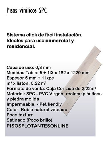 Piso Vinilico Spc Click Simil Madera Roble X M² Waterproof