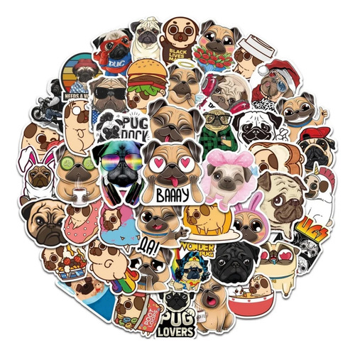 Set De 50 Stickers Perritos Pug Divertidos Dog Lover Kawaii