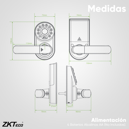 Zkteco Cerradura Inteligente Con Teclado Modelo Ml200 / Verificación Con Bluetooth O Teclado / Diseño Reversible / Compatible Con App Zsmart