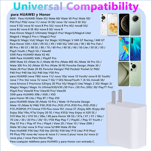 66 W Charger for Huawei Honor 200/ x9c/x8c/x8b/ x7b/ x7c/x6b Plus/ Magic7 Lite Super Cargador Rapid Charge with 6a Cable Type C of 1.5m White
