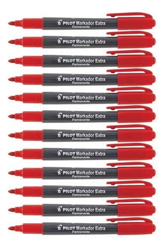 12 Marcador Permanente Pilot Markador Extra Pta Redonda 4mm Cor Vermelho