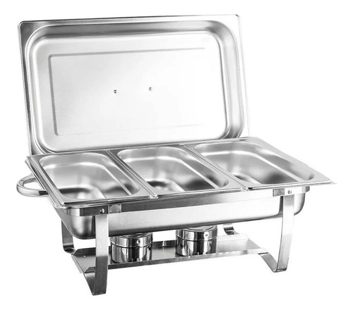 Rechaud Retangular Inox 3 Cubas Gn 1/3 X 65 Mm 9 Litros Buffet Self Service Banho Maria Com Alça E Tampa Removível