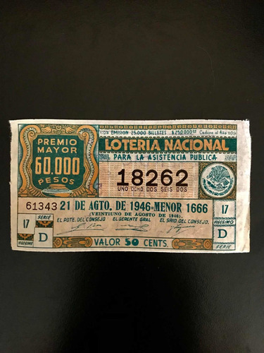 Antiguo Boleto De La Lotería Nacional De Mexico Año 1946 !!
