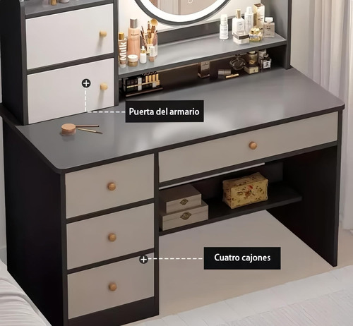 Tocador De Dormitorio Con Espejo De Maquillaje Y 6 Cajones Gris