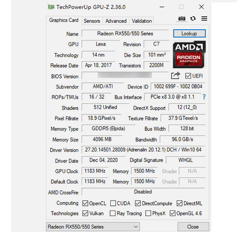 Tarjeta Gráfica Radeon Rx 550 4 Gb Gddr5, Hdmi, Vga