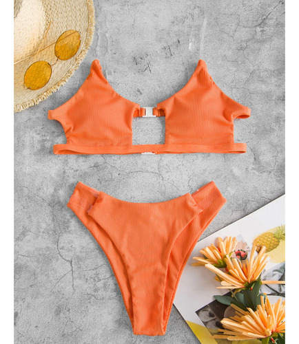 Conjunto De Bikini Acanalado Con Tirantes Transparentes Para