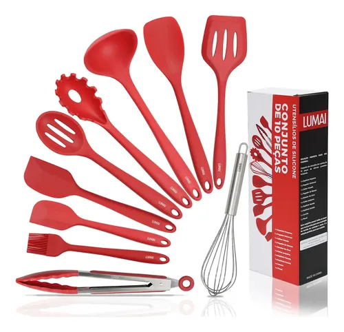 Lumai Kit de Utensilios de Cozinha de Silicone Maciço Miami Premium - Conjunto com 10 Peças Livre de BPA - Jogo com Espatulas Pegador Conchas Colheres Batedor de Ovos - Tamanho Grande e Pegada Firme
