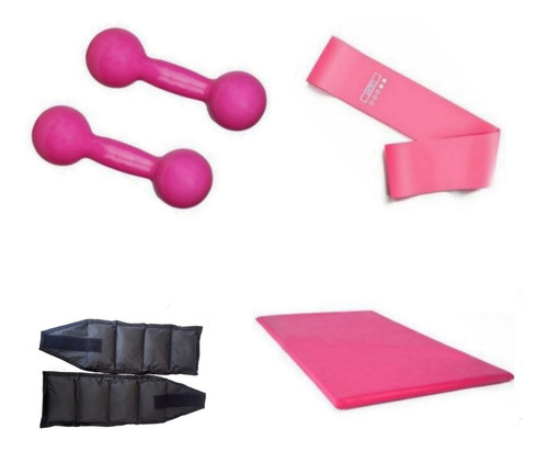 Kit Treine Em Casa Halter 1 Kg + Caneleira 2 Kg + Colchonete Cor Rosa