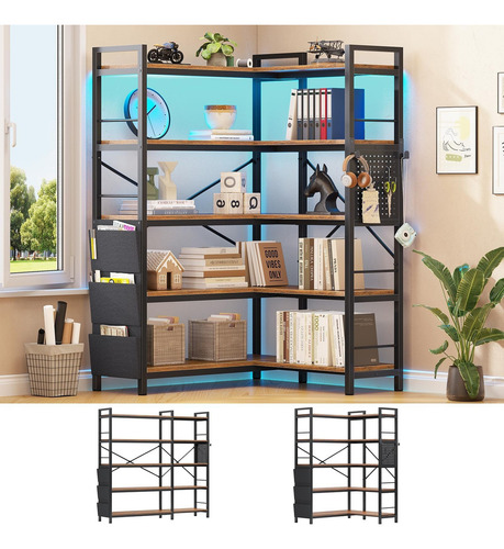 Librero Esquinero De 5 Niveles Con Luz Led Y Organizador Negro