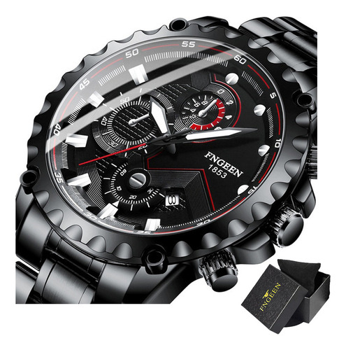 Reloj De Cuarzo Inoxidable Fngeen 5757 Con Calendario Color Del Fondo Black_steelbelt