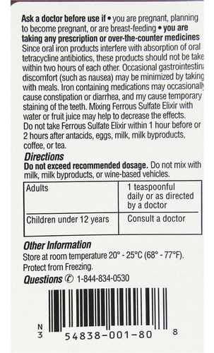 Ferrous Sulfate Elixir Botella De 220 Mg/5 Ml Paquete De 4