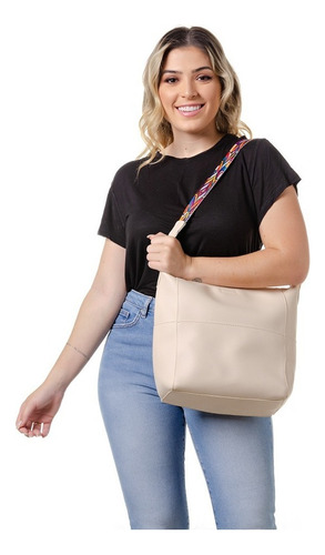 Bolsa Feminina Estilo Sacola Transversal Alça Peruana Cor Nude
