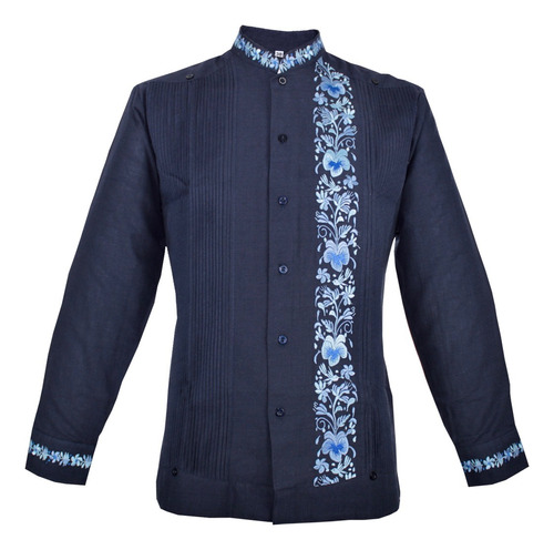 Guayabera Yucateca Azul Marino Modelo Colibrí Manga Larga