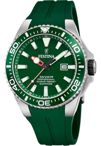 Reloj Festina Diver F20664/2 Acero 200m Para Hombre Liniers Malla Verde Bisel Plateado Fondo Verde