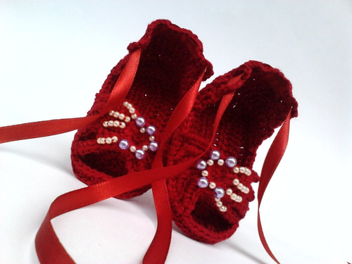 A190 Sandalinha De Croche Feminino Vermelho Perolas Menina