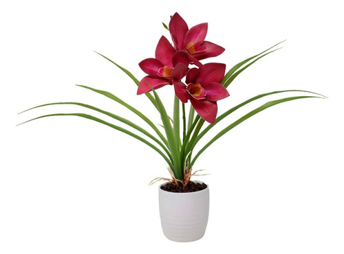 Orquidea Artificial Bordo Con Maceta De Ceramica Blanca 36cm