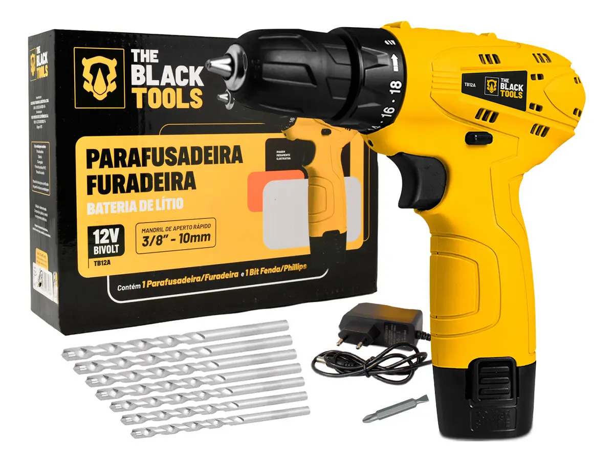 Furadeira Parafusadeira Bateria Profissional Cor Amarelo Frequência 60hz The Black Tools TB 12A