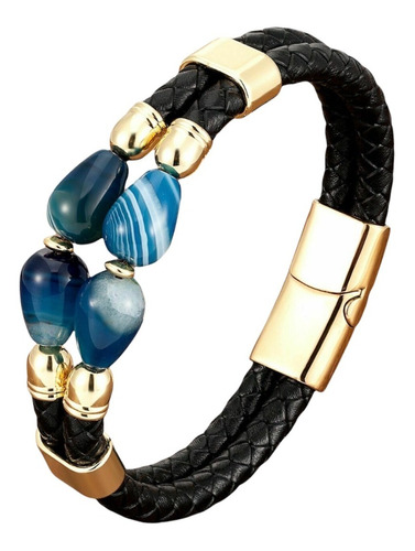 Pulsera De Hombre Agata Piedra Azul De Piel De 21cm Largo.