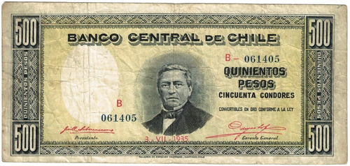 Billete De Chile 500 Pesos - 03 De Julio De 1935 Muy Escaso