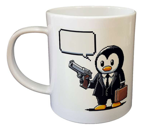 Taza Plastico Pinguino Con Pistola Pixel Art Maletin