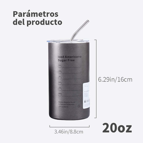 Termo De Acero Inoxidable De 20 Oz Con Pajita Frío Calor Negro